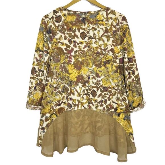 John Mark Floral Tunic Top Small Brown Asymmetric Hem Sheer Artsy Lagenlook Boho - Picture 2 of 8